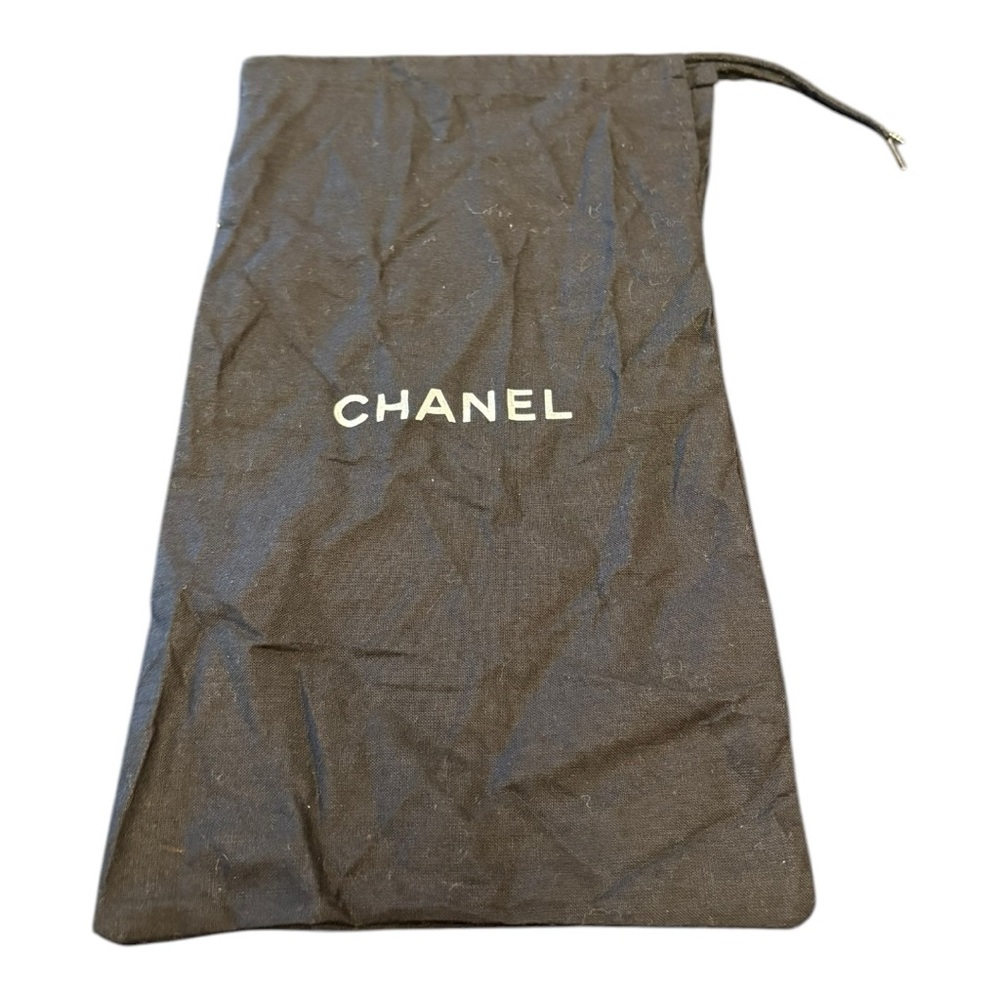 Chanel Black Drawstring Dust Bag White Logo Cotton measures 6” x 12” DB